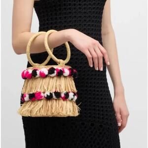 BTB Raffia Straw Round Pom Pom Bucket Bag New